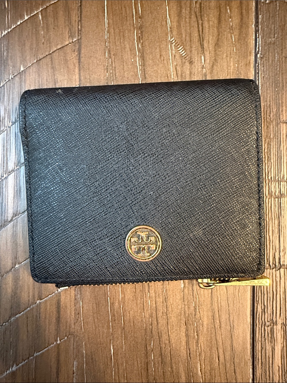 Tory Burch Black Compact Zip Coin Wallet with Gold Logo